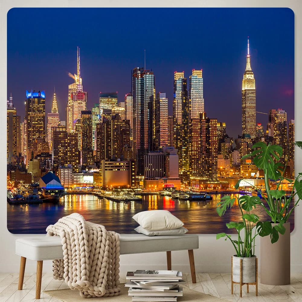 Décor mural de paysage de nuit de New York, tissu d'arrière-plan, tapisserie d'art pour la maison, d