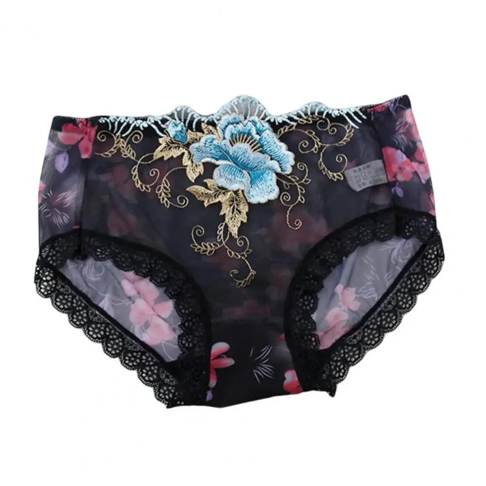 Culotte taille moyenne brodée de fleurs pour femmes, culotte en dentelle transparente commandée, sli