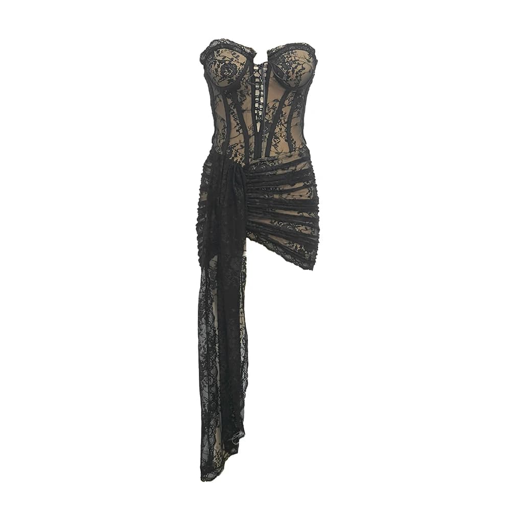 Mini robe sexy en dentelle noire avec jupe drapée – Robe de soirée élégante et audacieuse