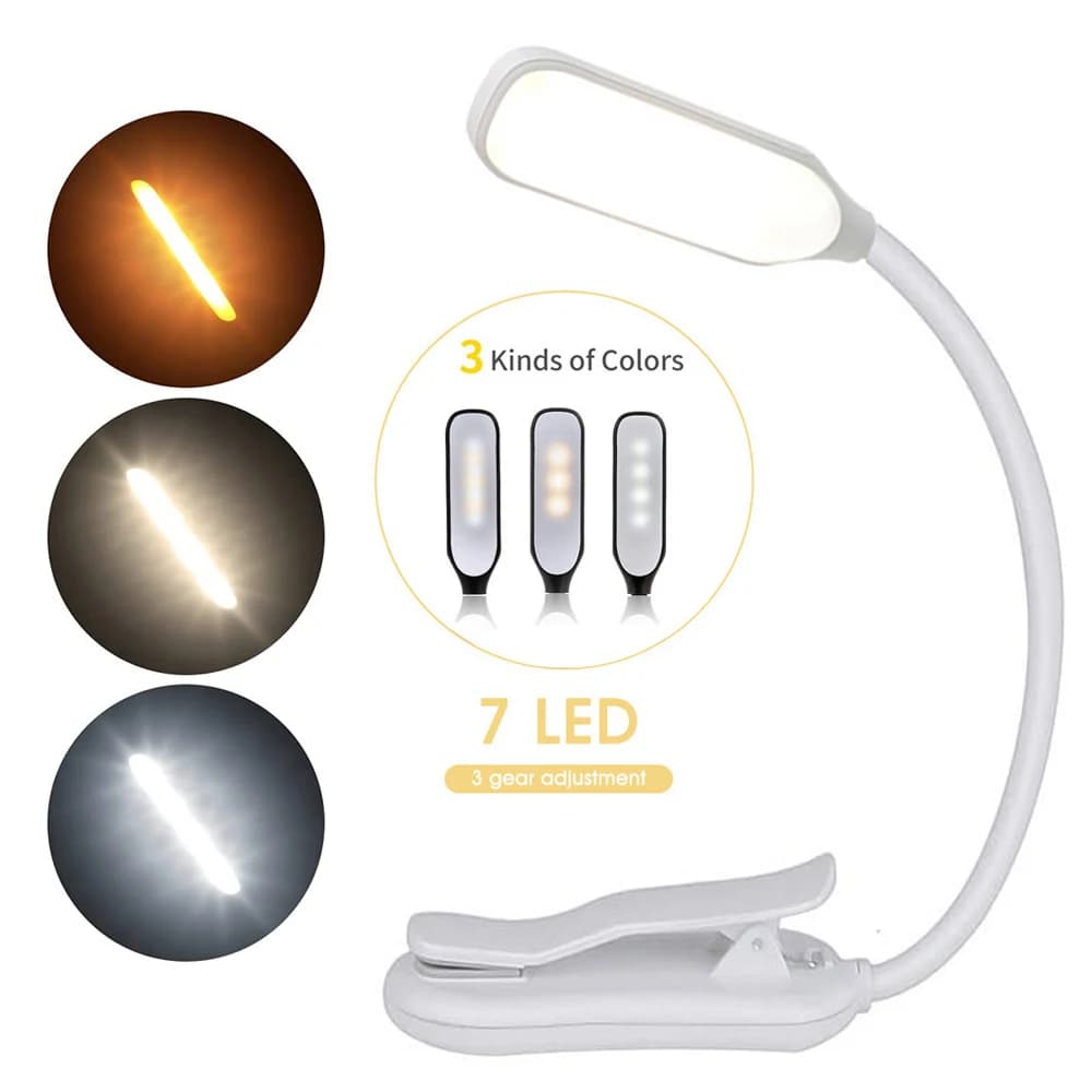 Lampe de lecture Mini 7 LED, Rechargeable, 3 niveaux, blanc chaud et froid, Flexible, facile à clips
