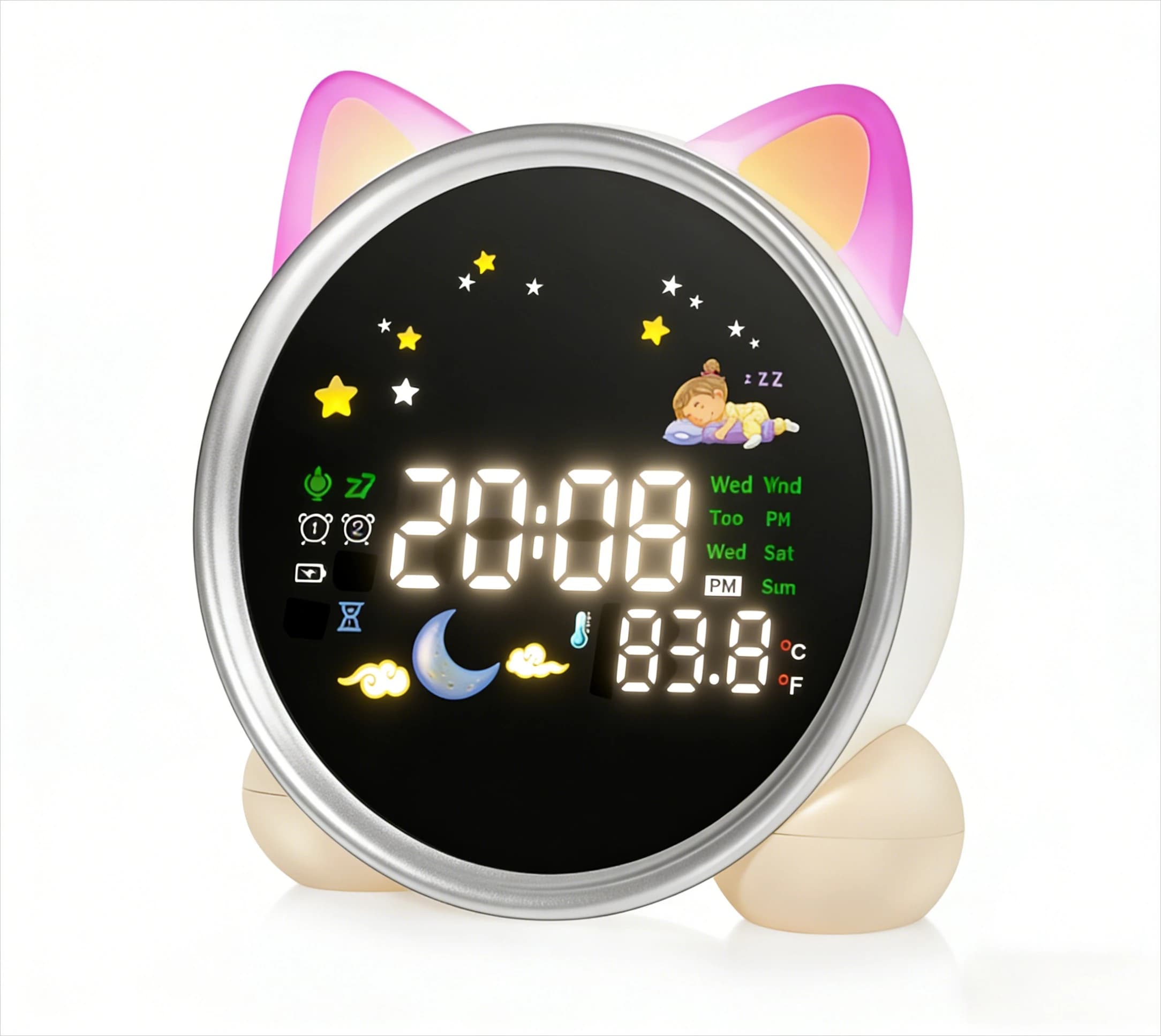 Réveil pour enfants avec veilleuse et machine à sons, design chat mignon, aide à l'endormissement et