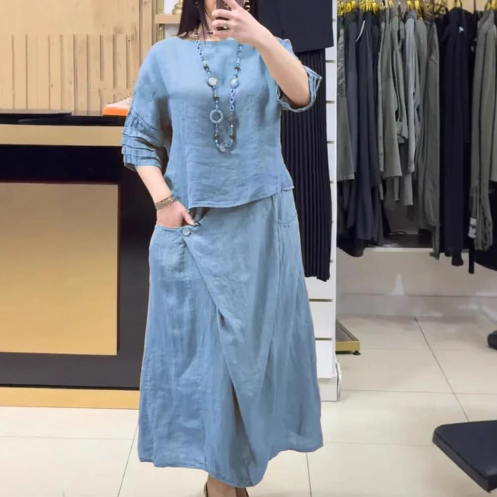 Nouvel ensemble chic deux pièces pour femme 2025 – Blouse unie décontractée et jupe midi ample – Ten