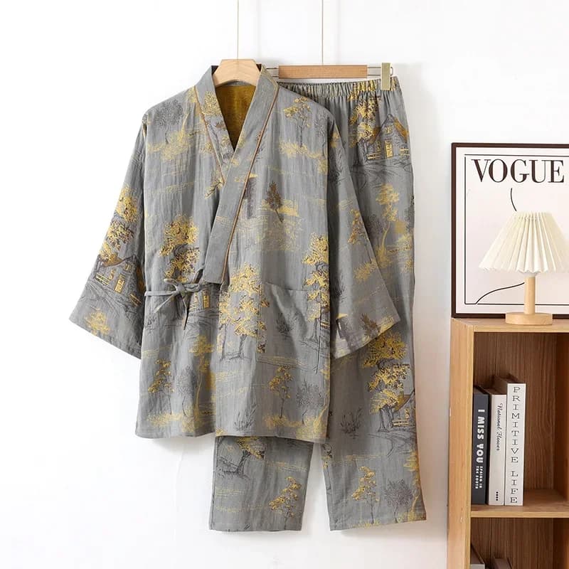 Robes Kimono pour hommes, ensemble pyjama avec pantalons longs, vêtements de maison, en coton, ample