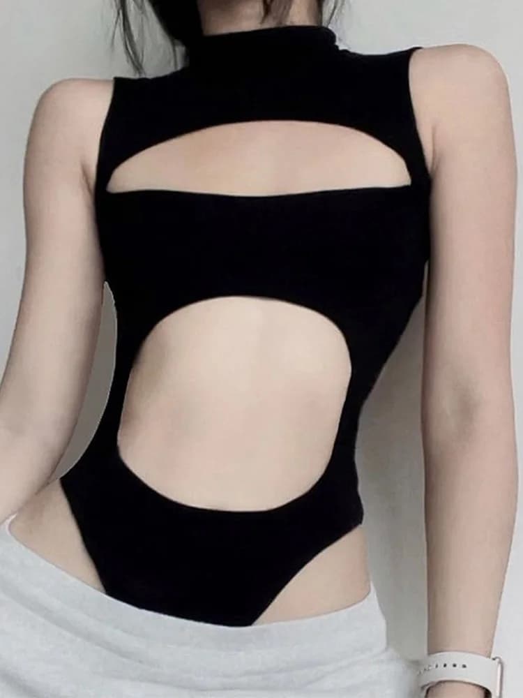 Gothique Techwear Sexy évider sans manches débardeurs body pour femmes Style Streetwear dos nu combi