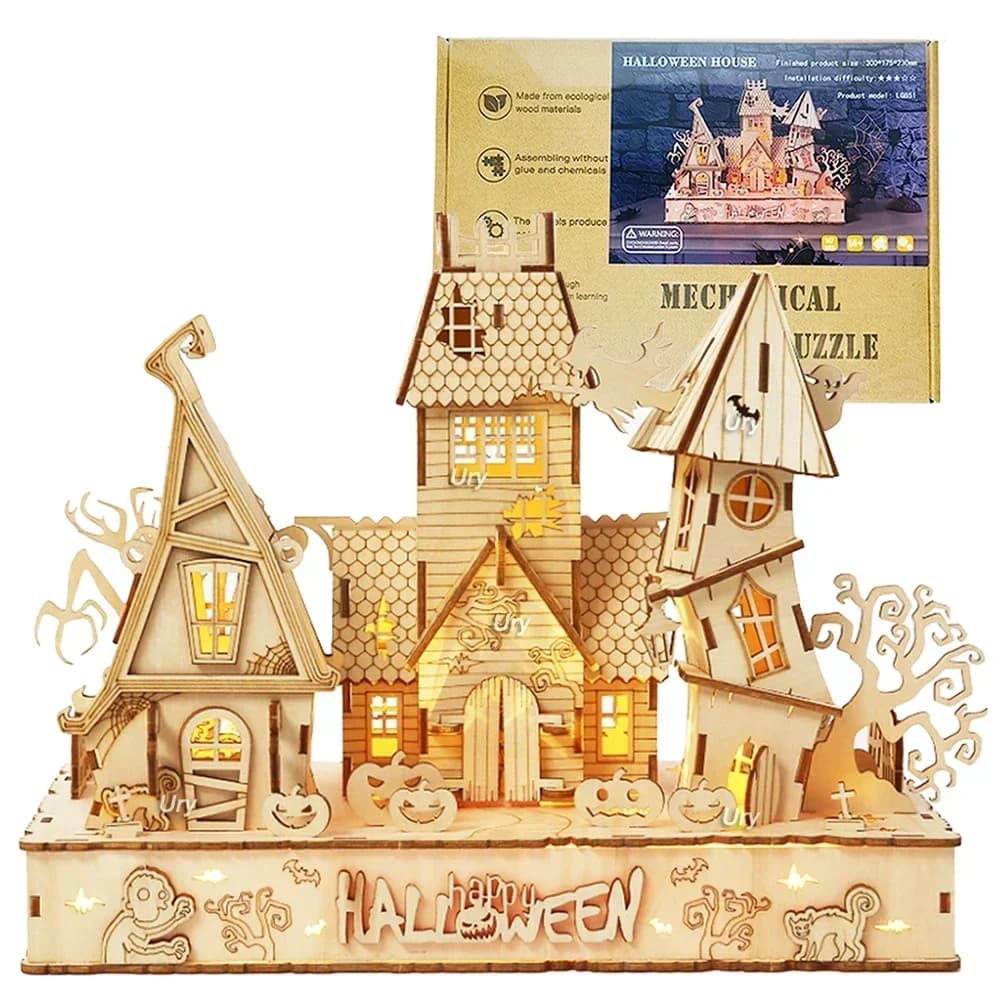 Nouveau puzzle en bois 3D URY Maison Hantée d'Halloween, Kit de Bricolage Lumineux Arbre Fantôme, Dé