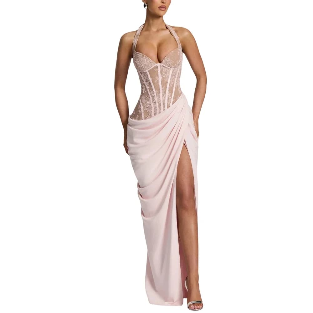 Robe longue élégante et tendance en dentelle, style corset, sexy, dos nu, drapée, avec fente haute,