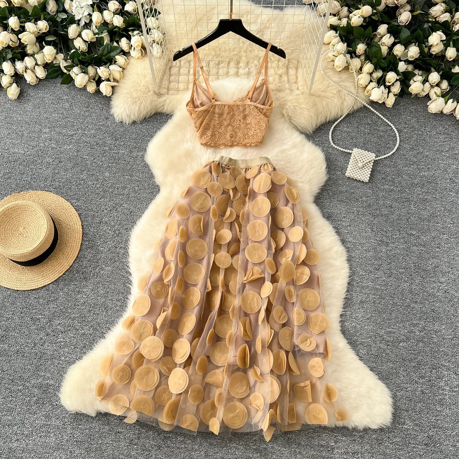 Ensemble deux pièces chic pour femmes, haut caraco à bretelles, jupe en maille à pois, taille haute,