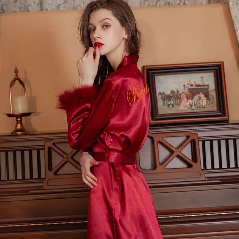 Satin plume Patchwork mariée Robe de demoiselle d'honneur Sexy Kimono peignoir Robe décontracté vête