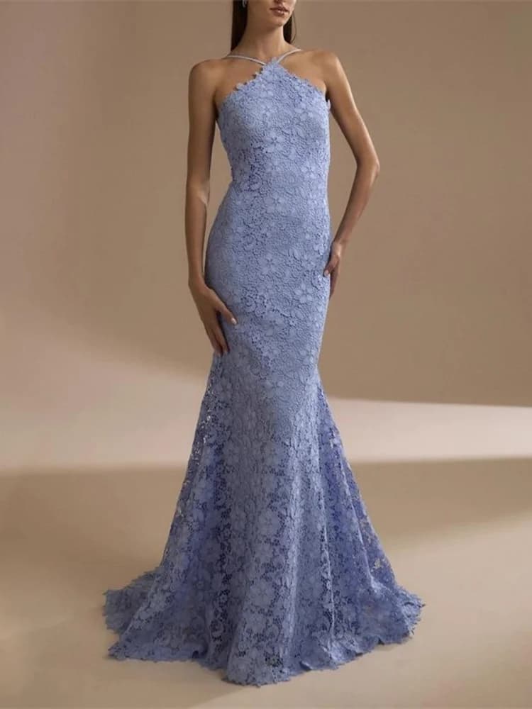 Robe Maxi moulante en dentelle pour femmes, col licou, charmante, sans manches, dos nu, Slim, robes