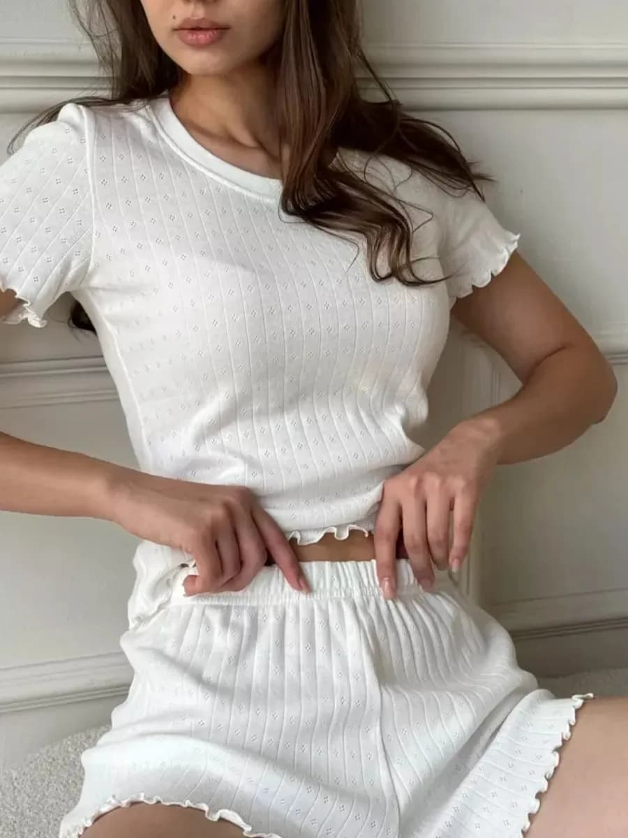 Ensemble de pyjama pour femme, style décontracté et tendance, jacquard à bordure festonnée, coupe aj