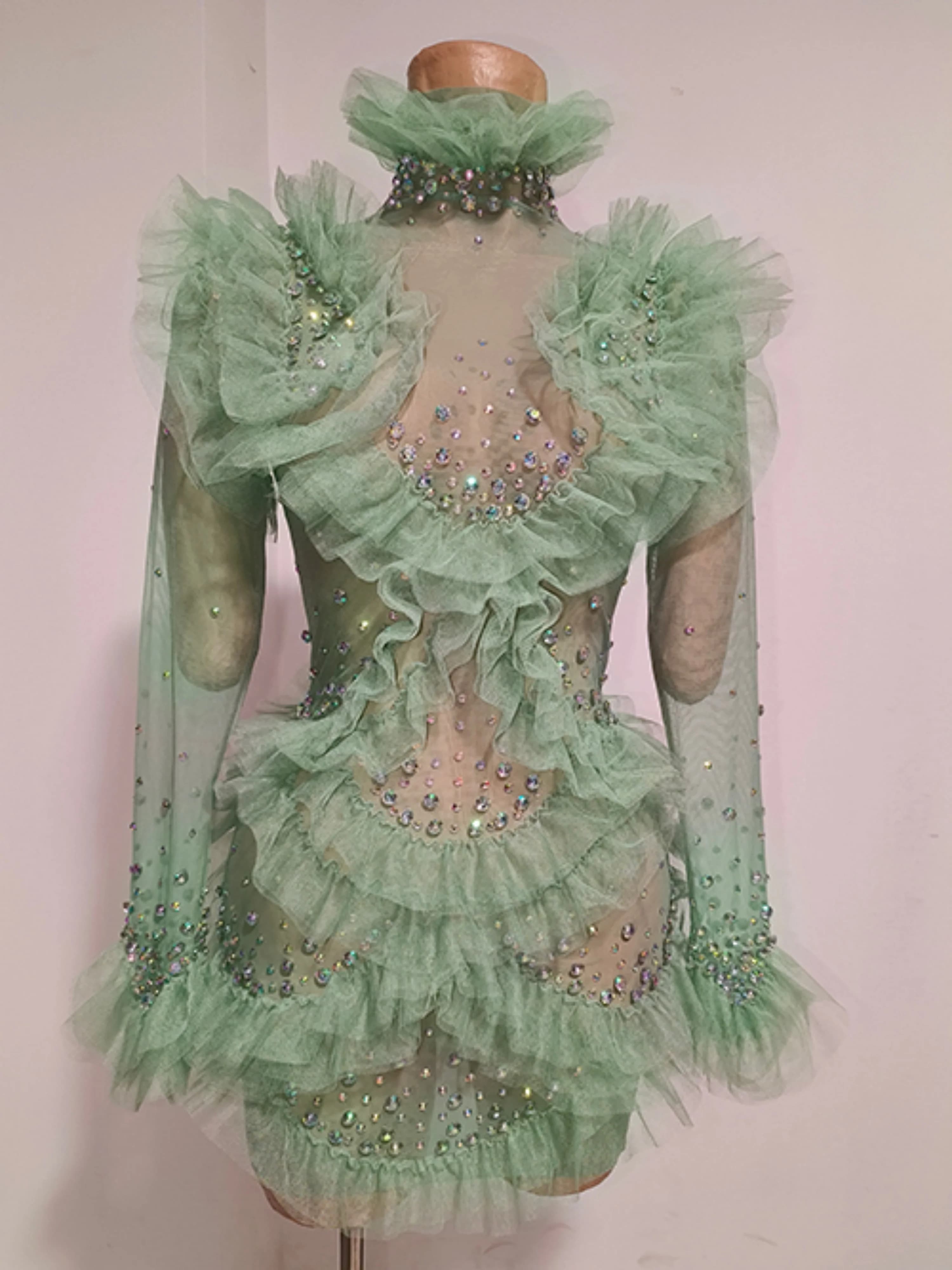 Robe mini sexy à paillettes et strass, à manches longues, en maille transparente, pour soirée, anniv