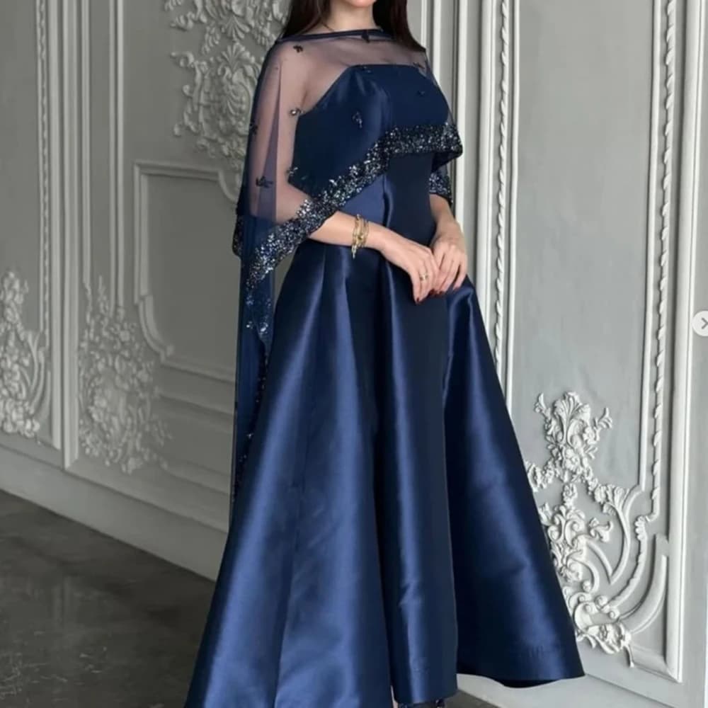 Robe de soirée en satin drapé à paillettes personnalisées pour femmes, ligne A, col rond, cape, long