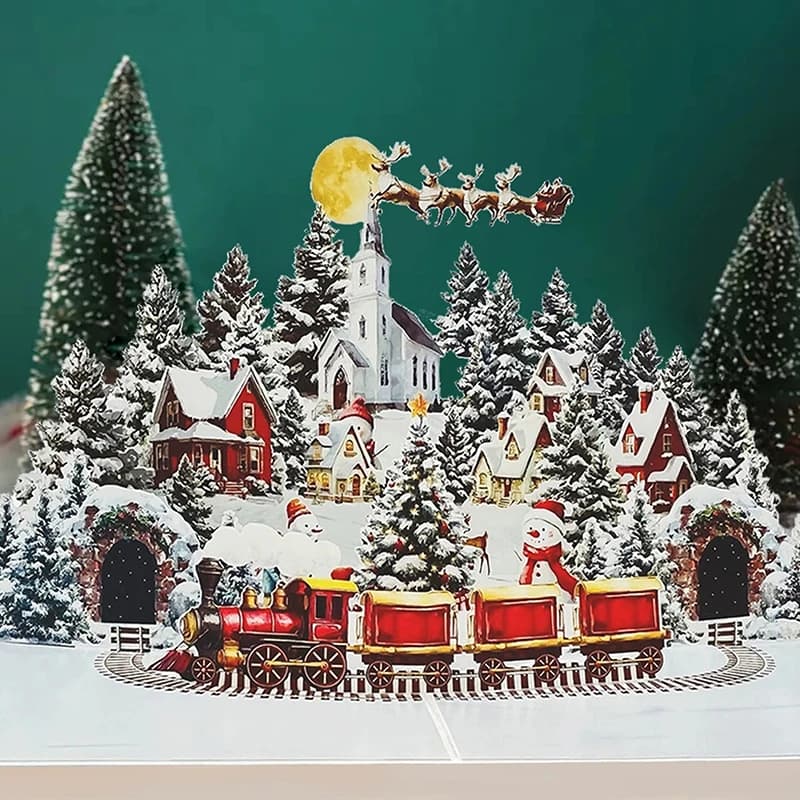 Carte de noël 3D, scène de nuit avant noël avec père noël, renne, Village enneigé et ciel clair de l