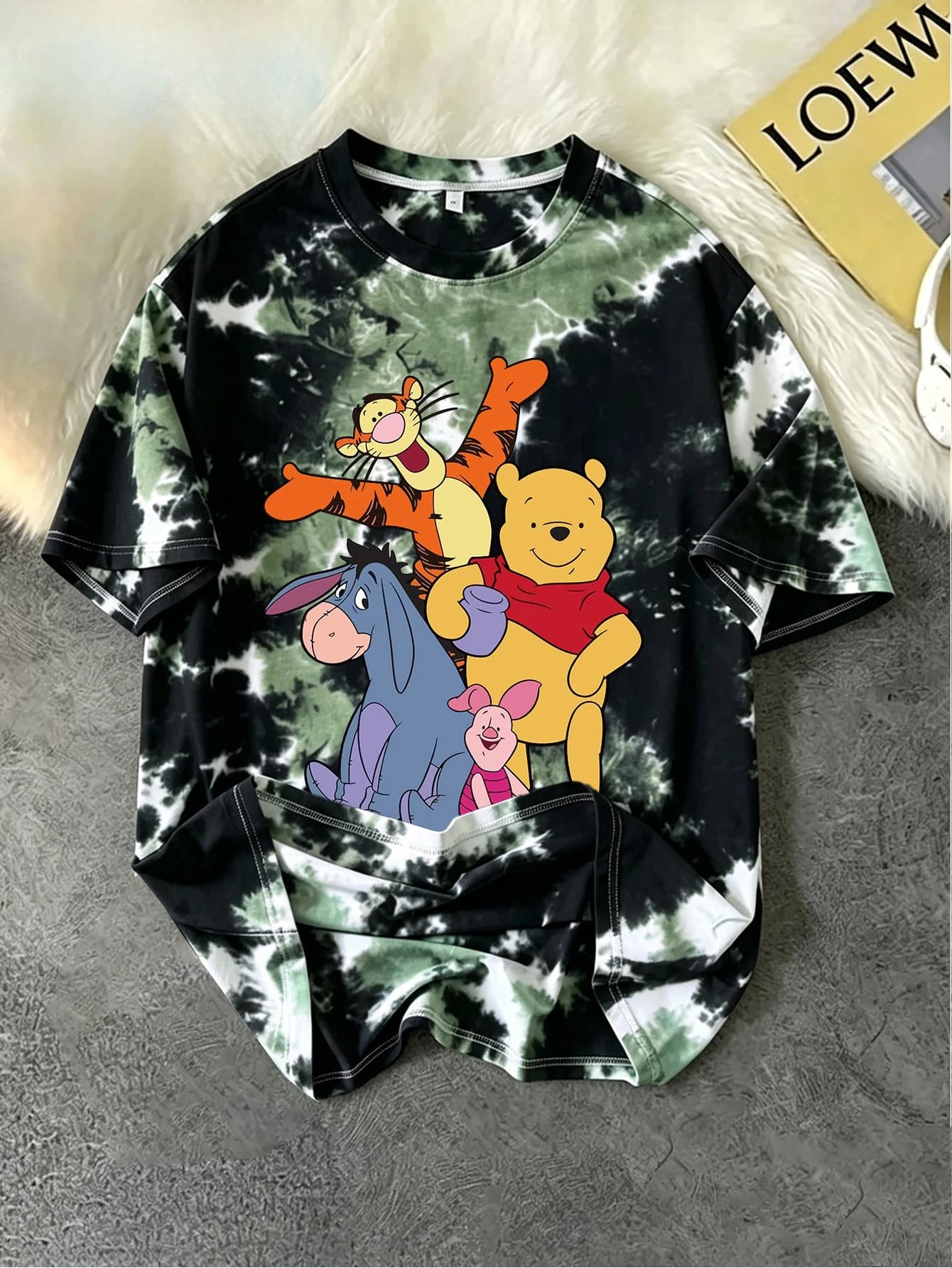 T-shirt ample imprimé en 3D Winnie l'ourson avec dégradé tie-dye vibrant – Style décontracté et