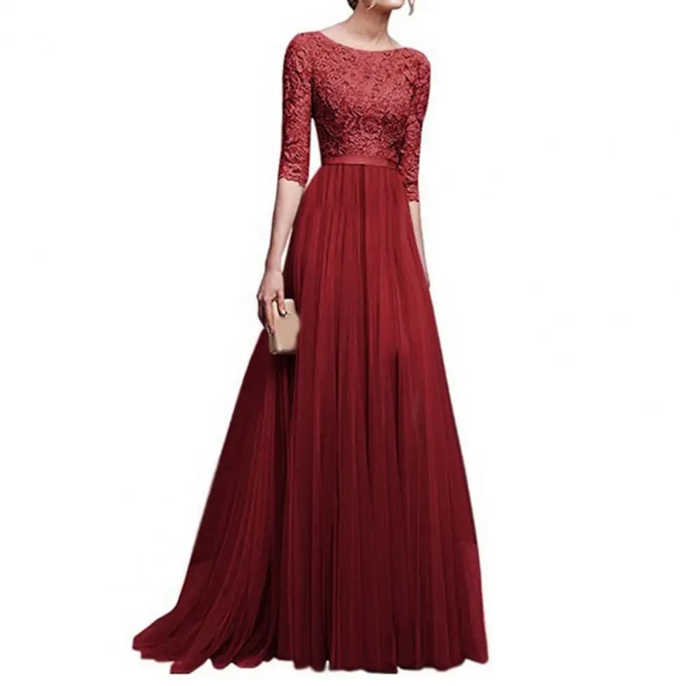 Robe Maxi en dentelle pour femmes, élégante, brodée de fleurs, col rond, demi-manches, taille serrée