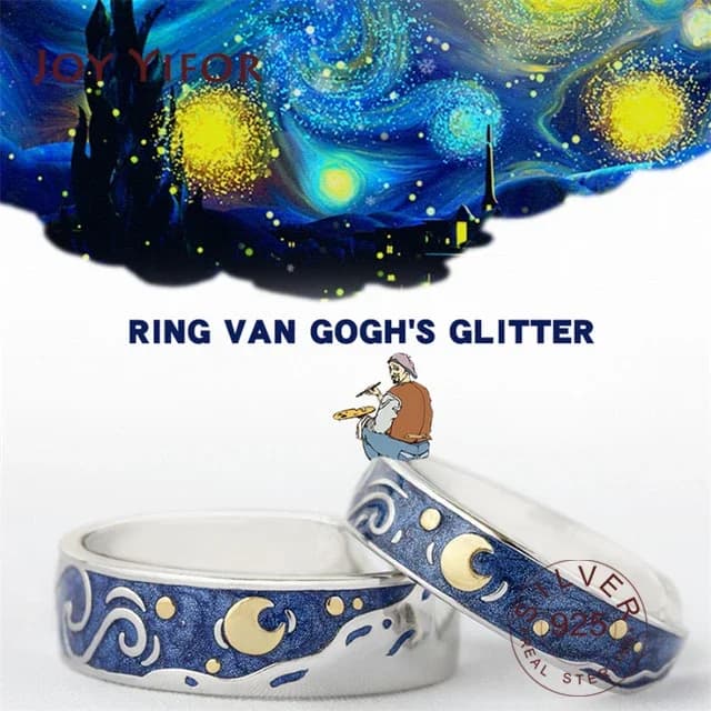 Bagues ajustables Van Gogh pour couples, lune, étoile, nuit étoilée, amoureux, prix réel, livraison