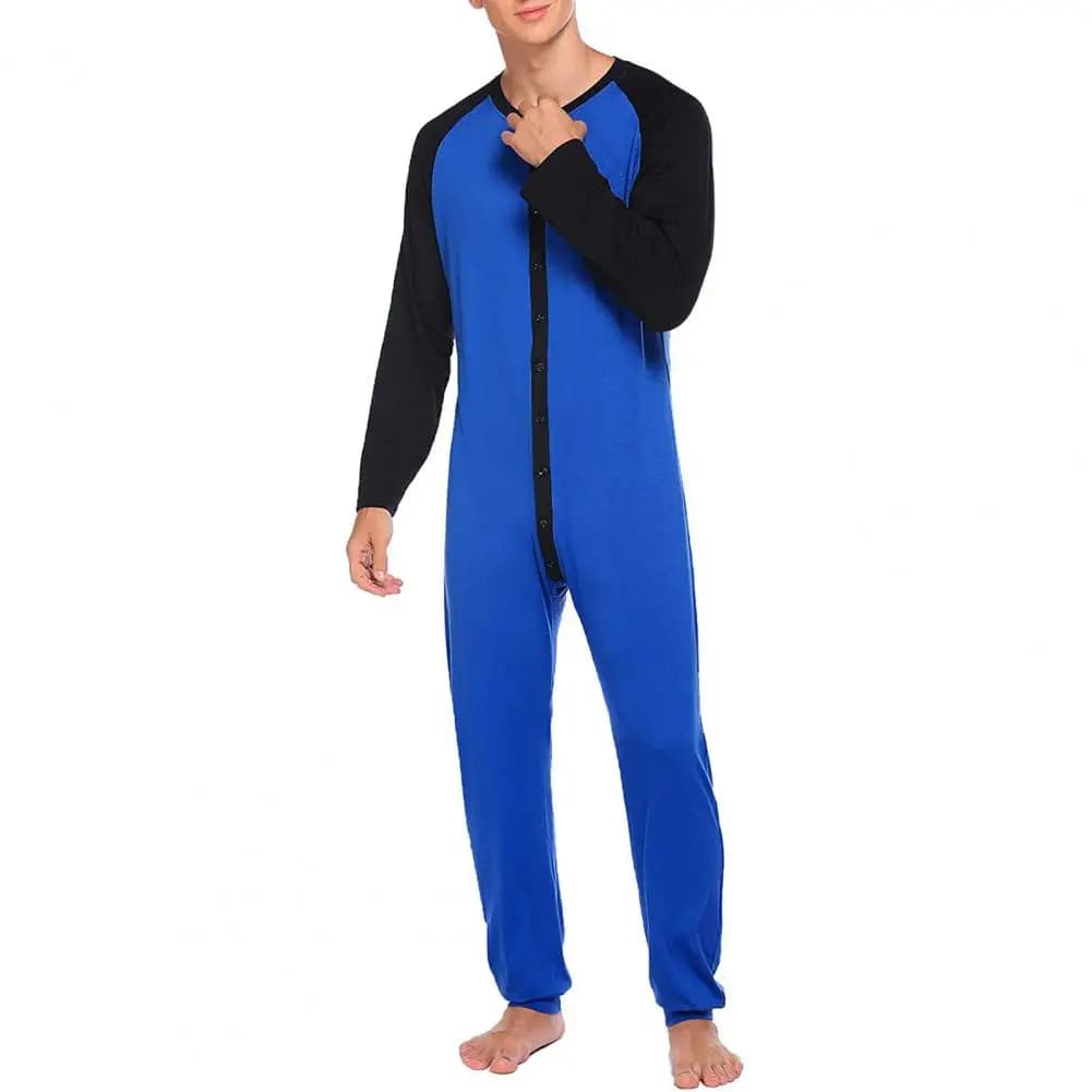 Pyjama une pièce pour hommes, col rond, manches longues, combinaison boutonnée, fermeture frontale,