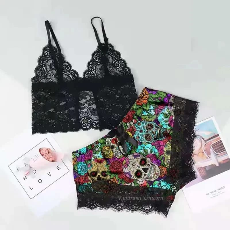 Halloween squelette imprimé pyjamas ensembles femmes dentelle Sexy Satin vêtements de nuit col en V