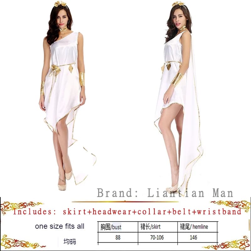 Robe longue de scène style déesse grecque et reine égyptienne blanche, avec découpes, nouveau style