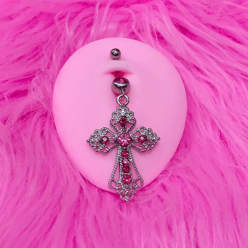 Y2K-Anneaux de ventre croisés en cristal rose Bling, Punk Aesthetic Body Piercing, Bijoux Egirl, Mod