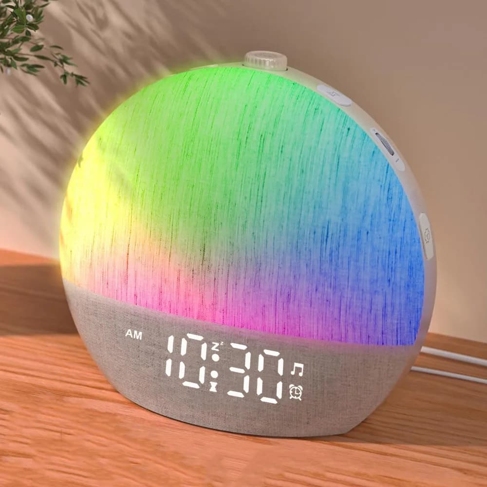 Réveil Lumineux Simulateur d'Aube avec Minuteur, Machine à Sons Apaisants (30 Sons Blancs), Lumières