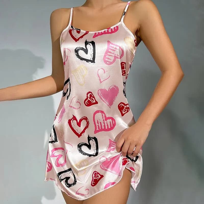 Chemise de nuit sexy en satin pour femmes, vêtements de nuit, lingerie, imprimé floral, mini robe