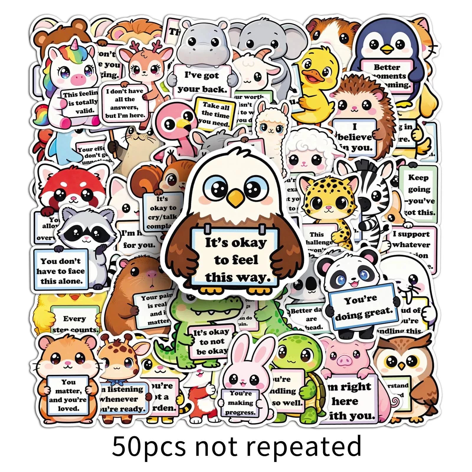 50 autocollants d'animaux pour le soutien émotionnel, avec slogans en anglais, mignons dessins animé