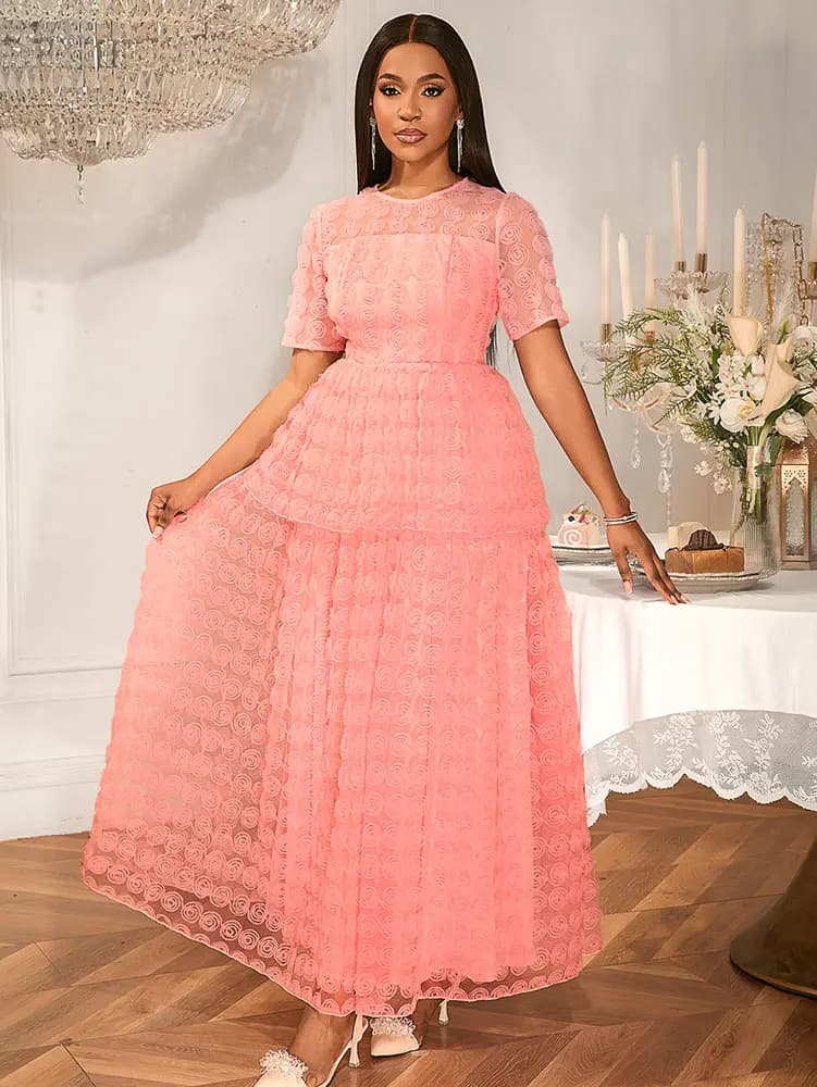 Robe Maxi rose pour femmes, col rond, manches courtes, élégante, motif Floral, ligne A, pour dames,