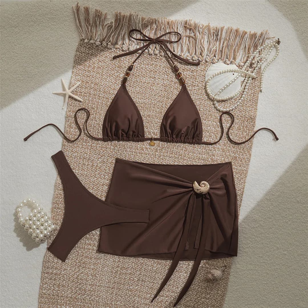 Ensemble de bikini trois pièces pour femme, style brésilien, avec jupe, dos nu et rembourré