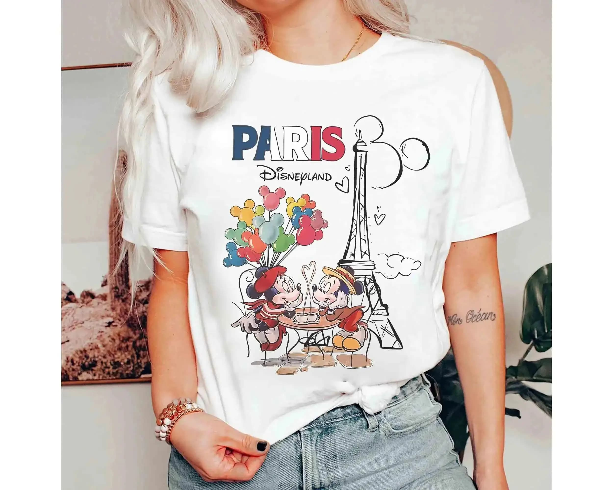 T-shirts rétro pour femmes, imprimé ballons colorés, Disneyland Paris, tour Eiffel, Mickey Minnie, e