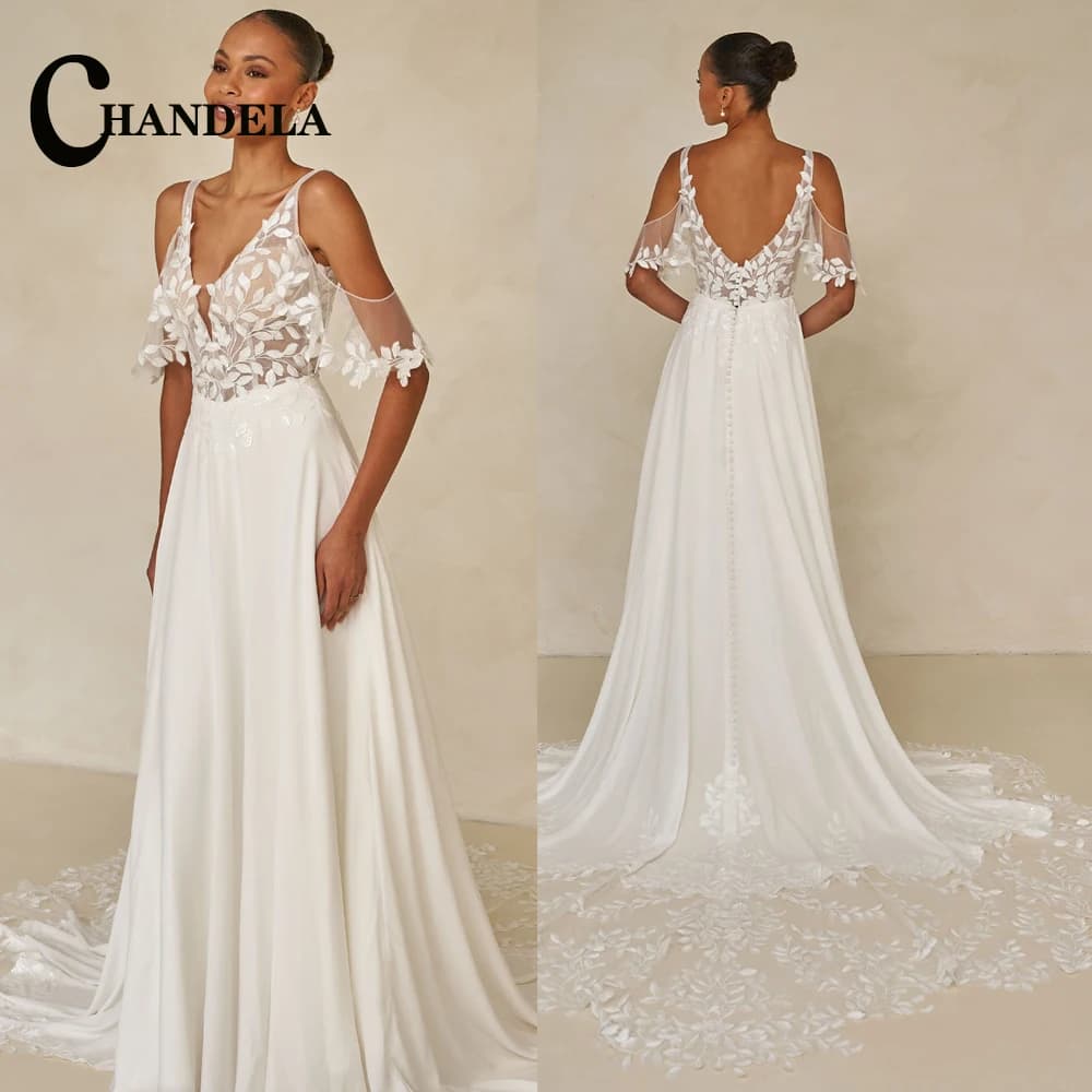 CHANDELA Robes de cérémonie élégantes pour mariages, en mousseline, avec décolleté en V, manches cou