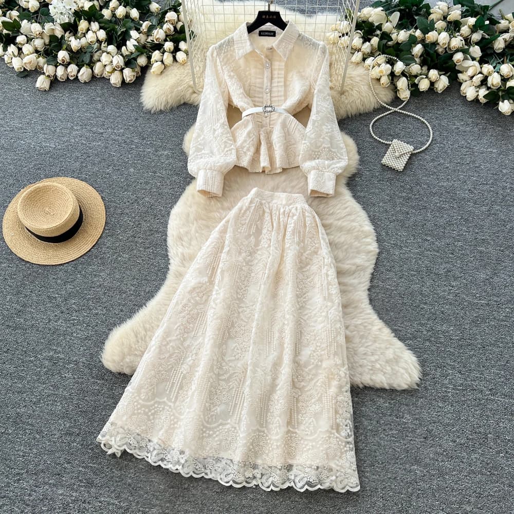 Ensemble deux pièces Chic pour femmes, haut brodé à manches longues, jupe taille haute, vêtements fé