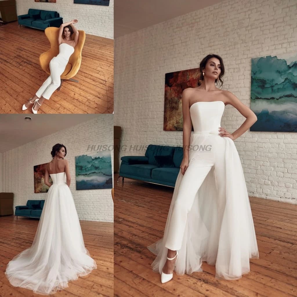 Combinaison de mariage bohémien avec traîne détachable, sans bretelles, simple, moderne, pays, extér