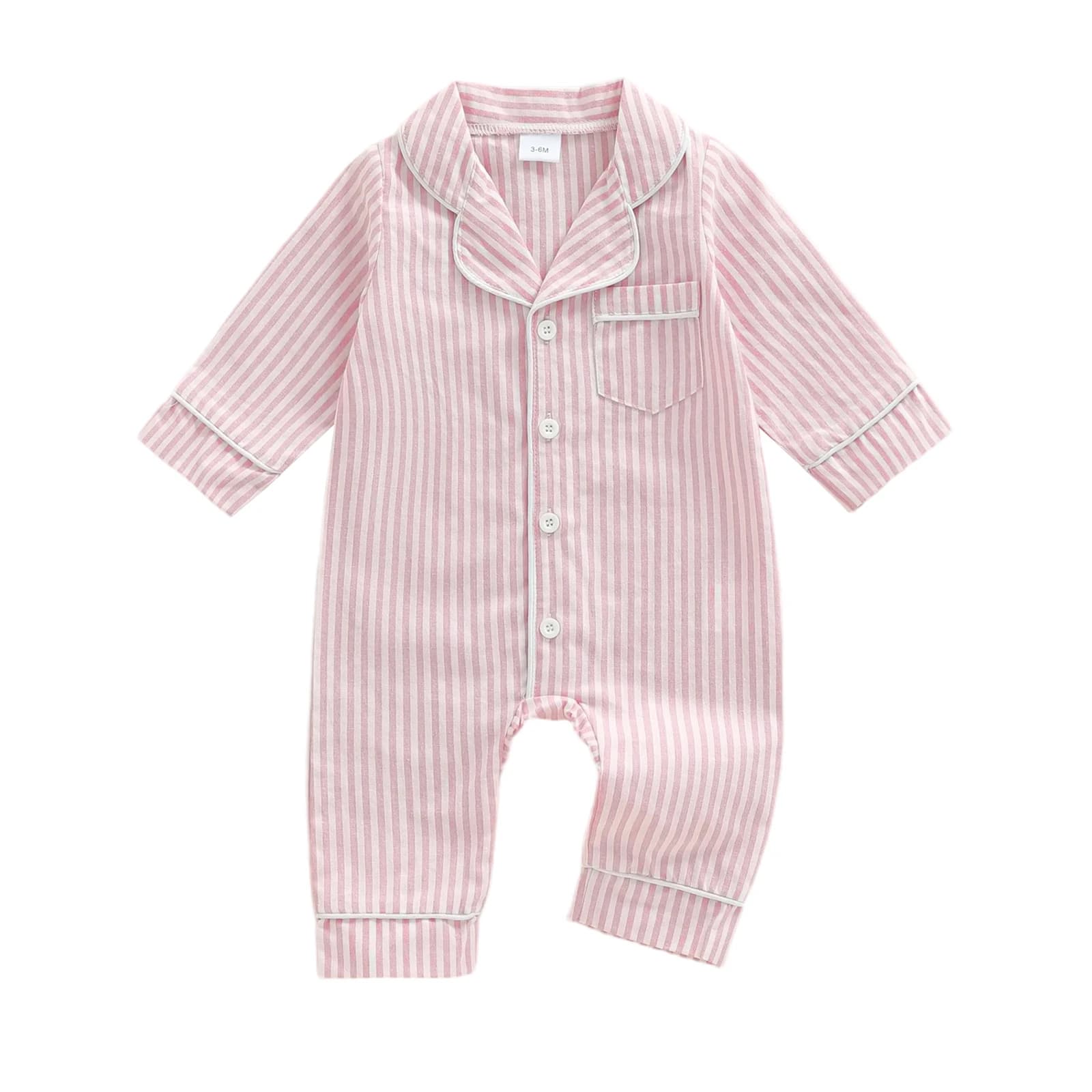 Pyjama d'automne pour bébé fille et garçon, barboteuse imprimée rayée, mignon boutonné, revers, col