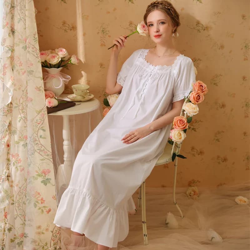 Robe pyjama de Style palais pour femmes, en coton, longue, Sexy, rétro, princesse française, manches