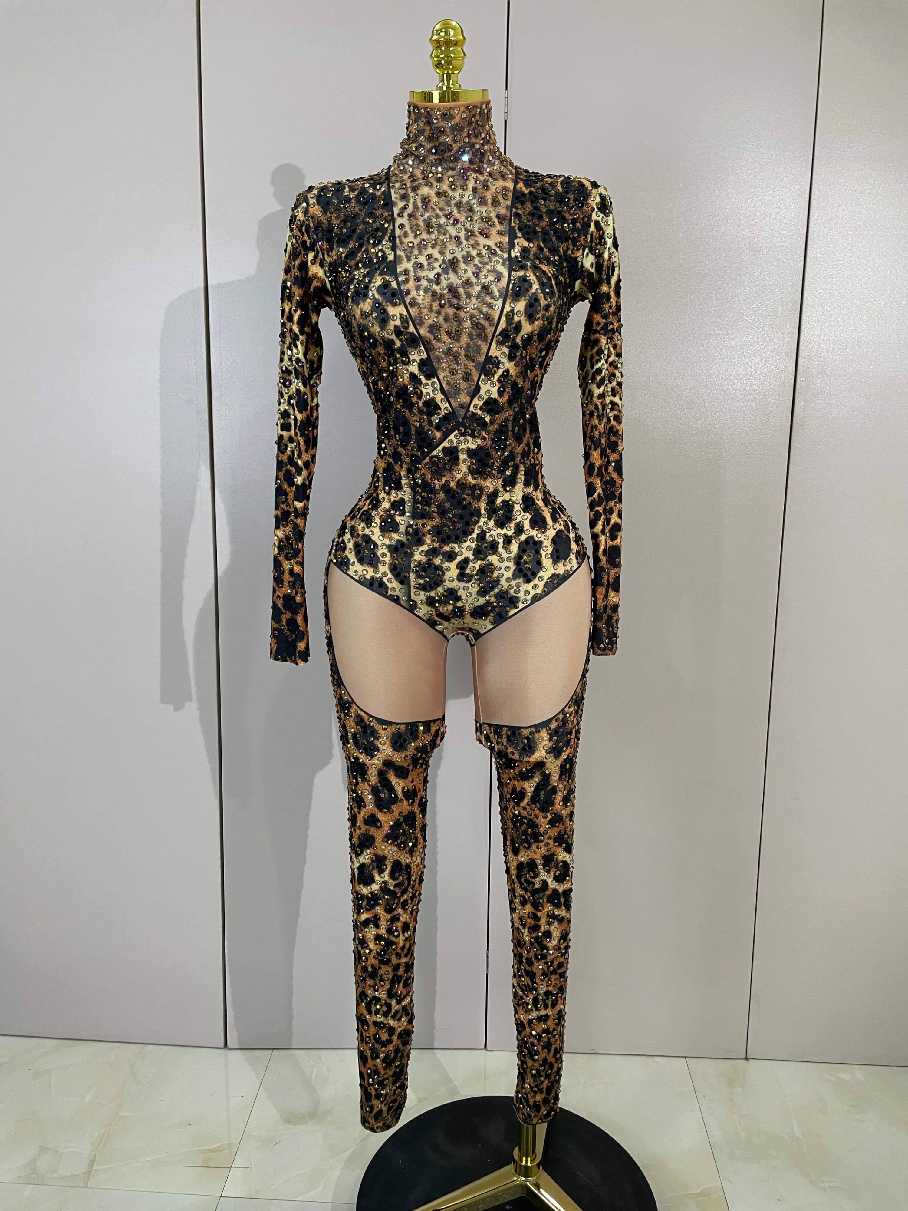 Combinaison moulante extensible sexy à imprimé léopard et diamants scintillants pour femme, idéale p