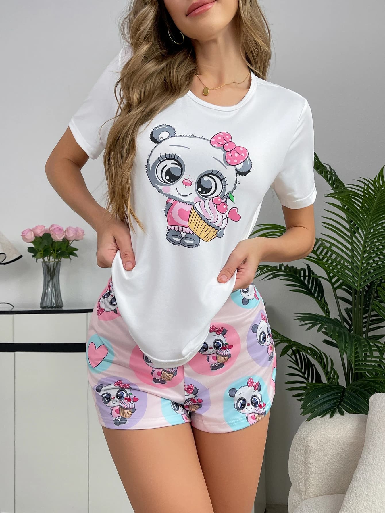 Ensemble pyjama design panda de dessin animé pour femmes, nouveau style, short à manches courtes, do
