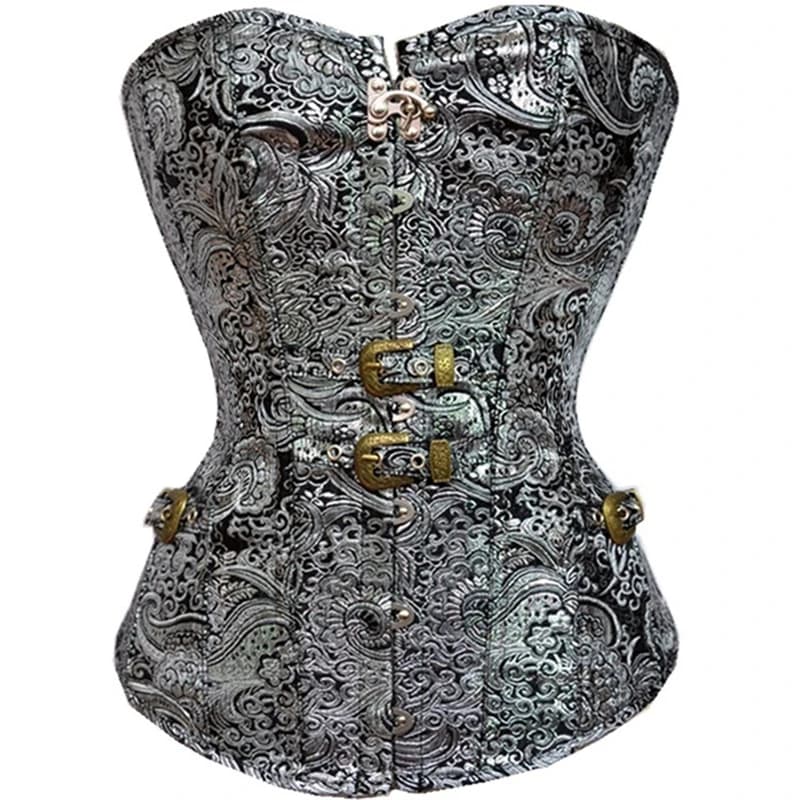 Corset Steampunk Argenté pour Femme, Style Gothique Vintage, Bustier Overbust Médiéval à Lacets, Bur