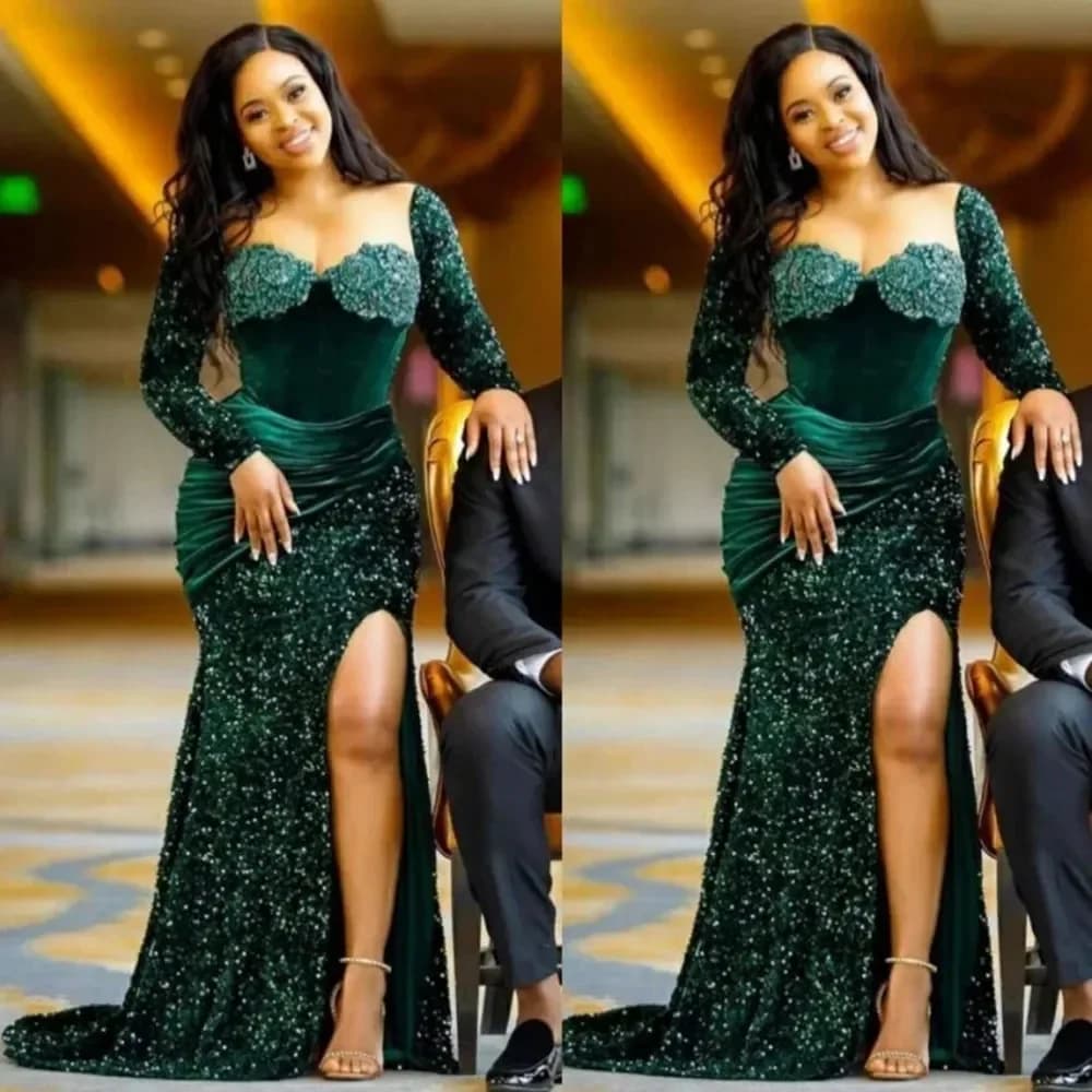 Robe de Soirée de Forme Sirène pour Femme, Tenue Vert Émeraude, Manches sulf, Paillettes, Bal de Pro