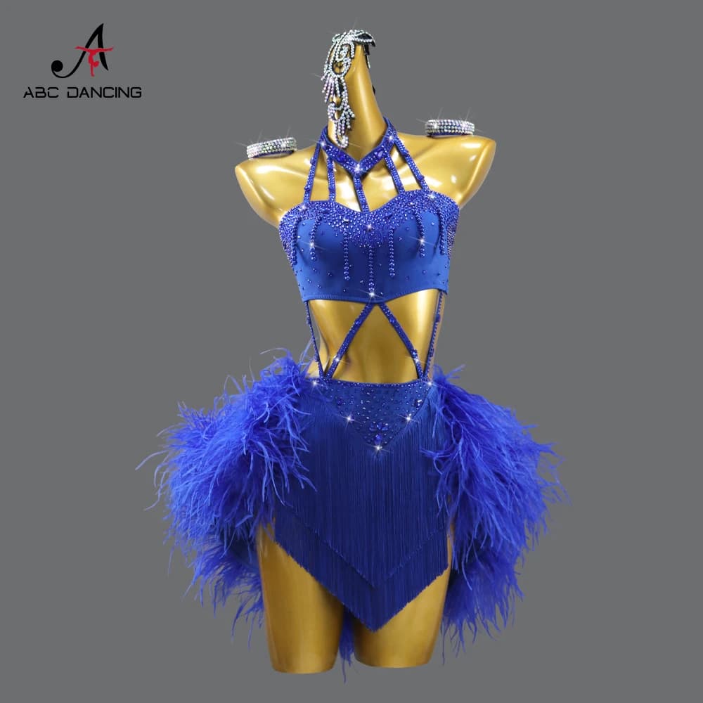 Costume de brevLatine Bleue pour Fille, Tenue de Compétition, Jupe en Plumes, Vêtements de Scène, de