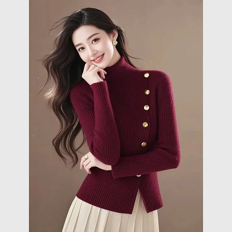 Pull en tricot bordeaux à col haut pour femme, rétro français, élégant, rajeunissant, automne hiver