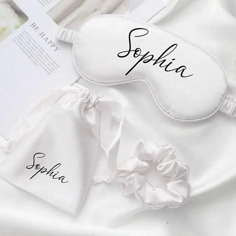 Ensemble personnalisé 3 pièces : Masque de sommeil en soie, Pochette de rangement et Chouchou pour c