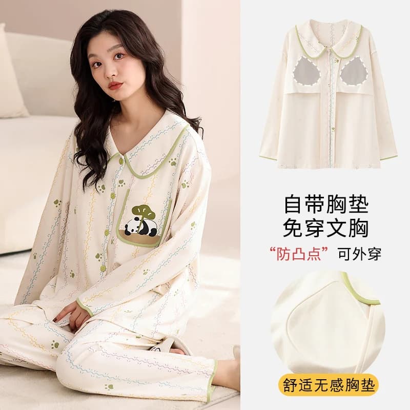 Ensemble pyjama 100% coton pour femmes, vêtements de nuit à manches longues avec coussinet de poitri