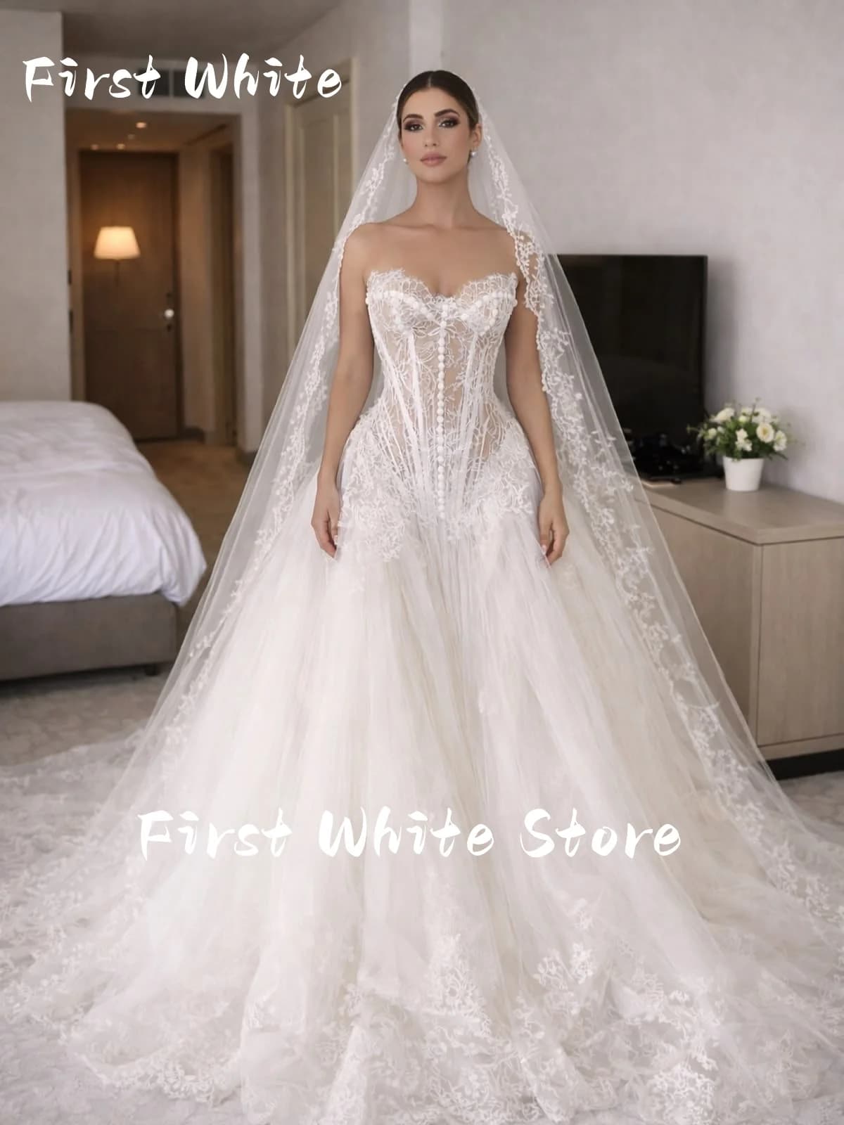 Robe de mariée corset en dentelle, coupe princesse, élégante, pour cérémonie religieuse, collection