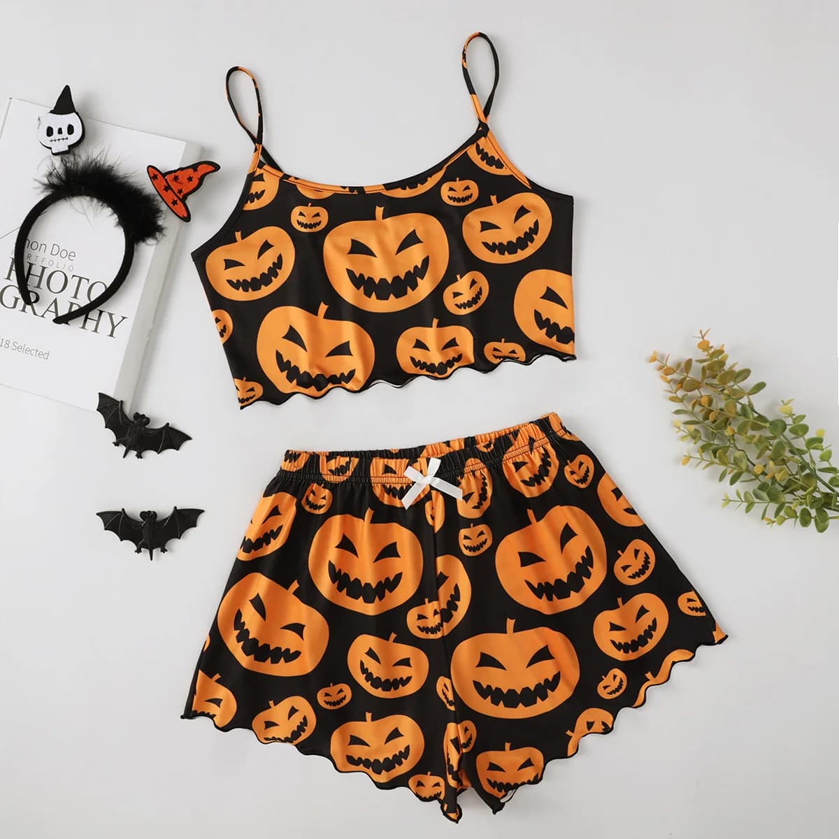 Ensemble pyjama imprimé citrouille diable d'halloween pour femmes, hauts et Shorts à manches courtes