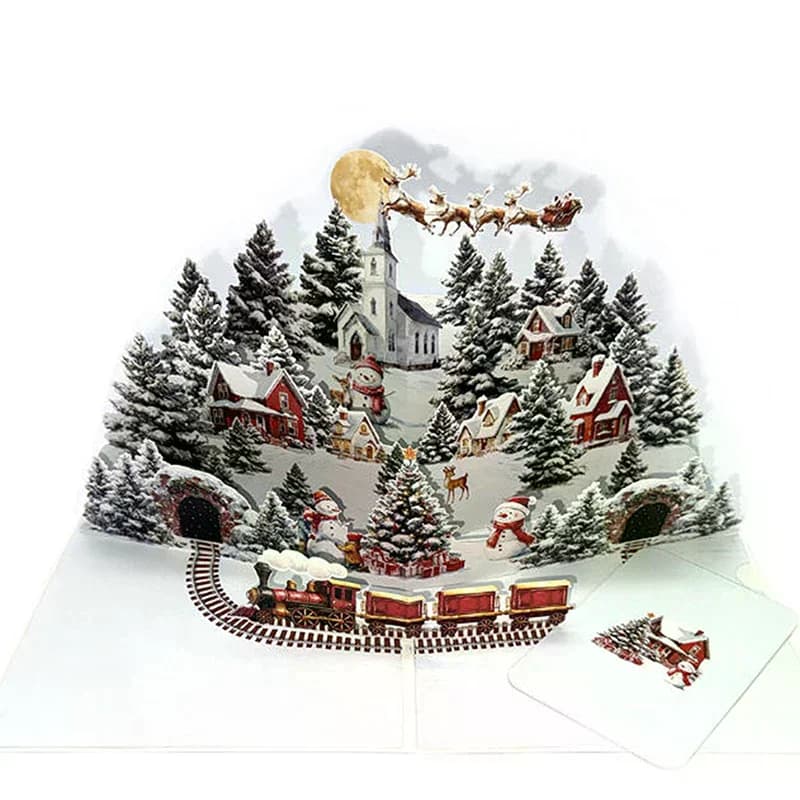 Carte de noël 3D, scène de nuit avant noël avec père noël, renne, Village enneigé et ciel clair de l