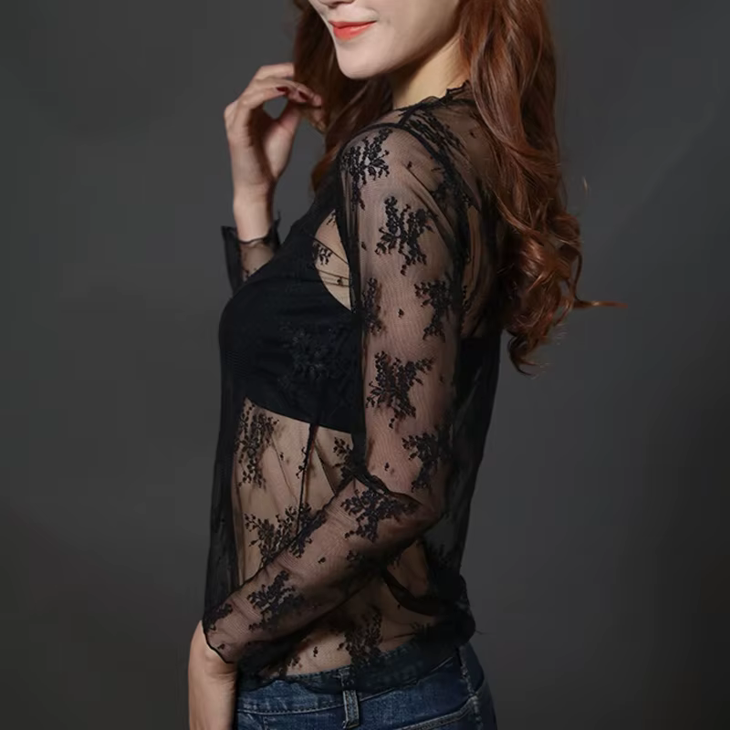T-shirt transparent en maille évidée pour femme, sous-vêtement sexy, haut de base étoile, vêtements 