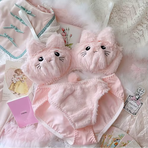Kawaii ensemble soutien-gorge et culotte chat mignon sans fil confortable dessin animé Animie sous-v