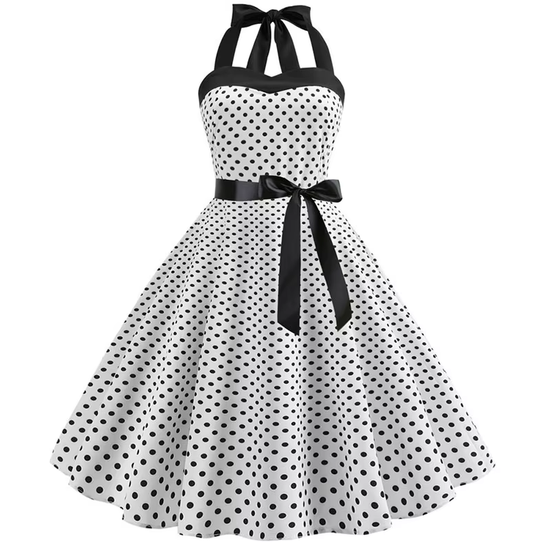 Robe Sexy rétro blanche à pois, Hepburn, Vintage, col licou, Robe de soirée, années 50 et 60, Pin Up