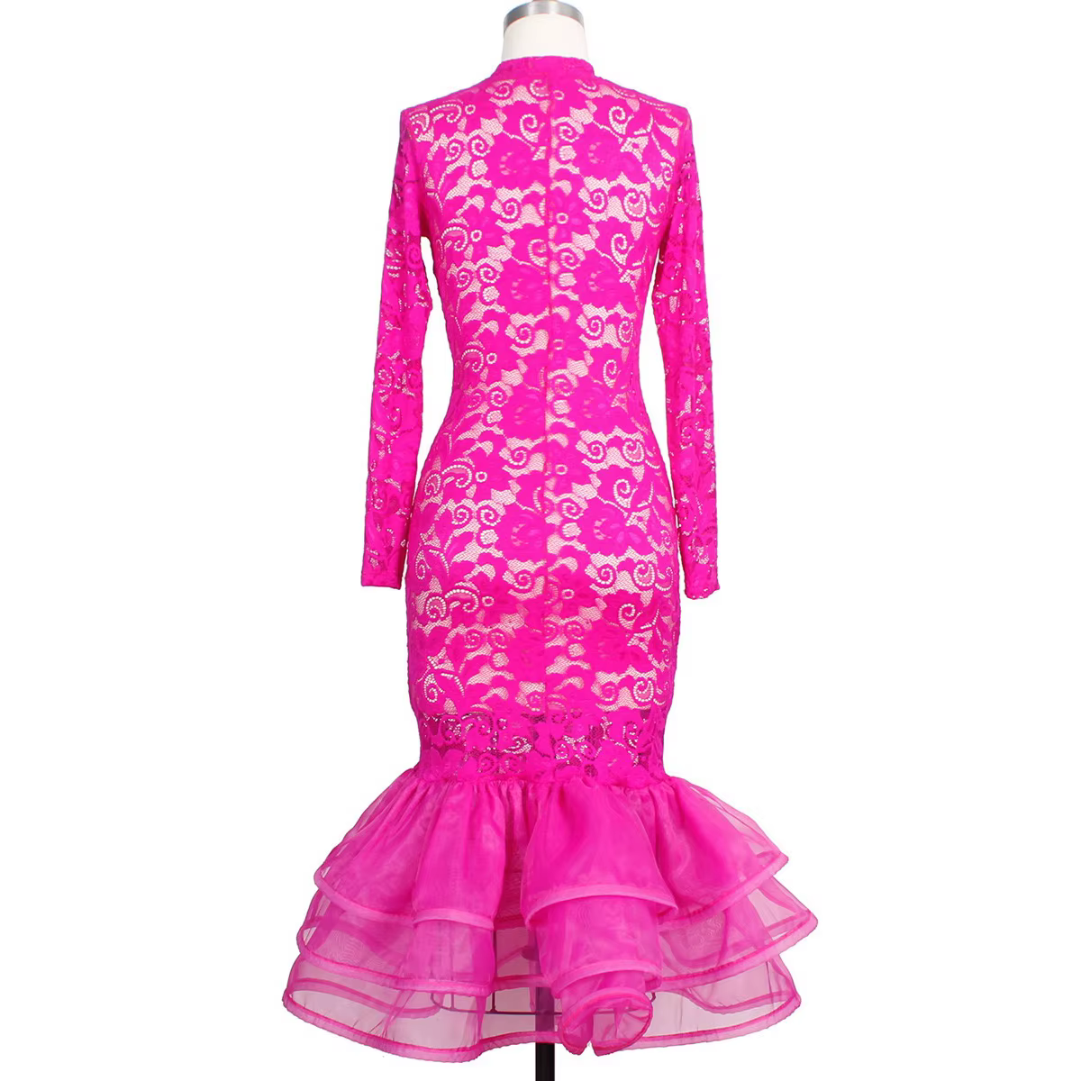 Robe de soirée en dentelle rose sexy pour femmes, manches longues sirène, taille haute, boîte de nui